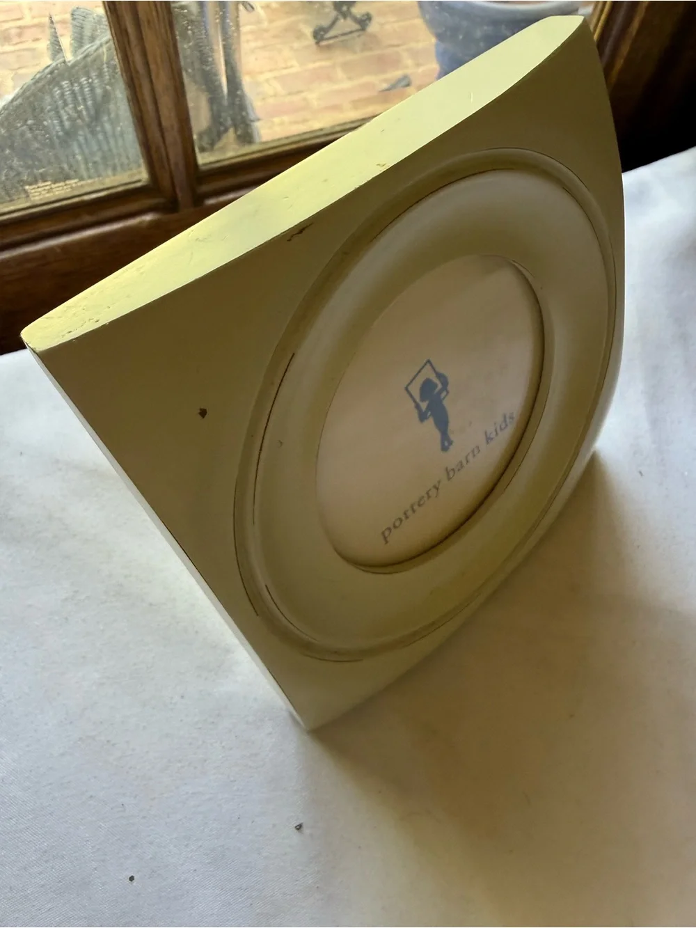White Pottery Barn Kids Wooden Square Picture Frame with Circle Opening
